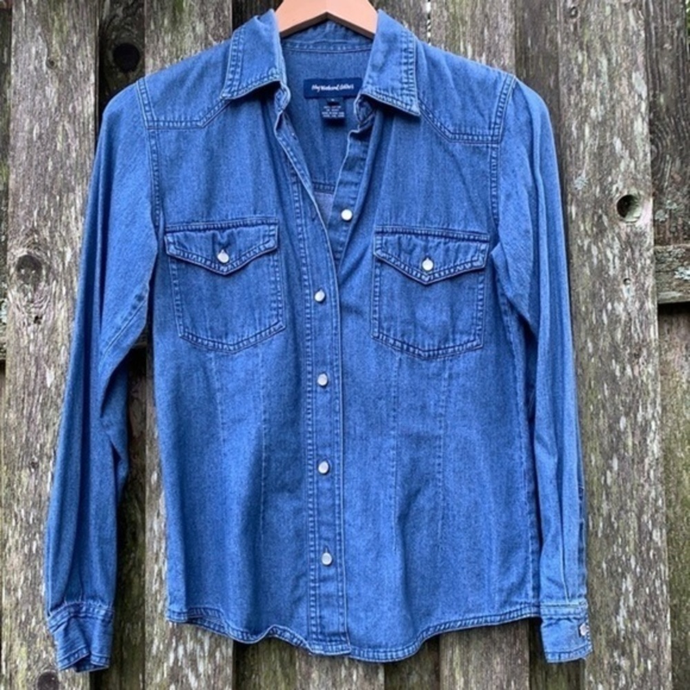 SALE❤️ Vintage MY WEEKEND CLOTHES Denim Chambray Pearl Western Button Down Shirt - Picture 7 of 9